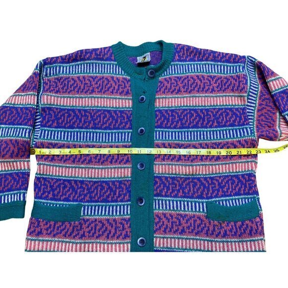 Vintage 80s/90s Pure Wool Cardigan Sweater With Stripe & Tribal Pattern Button-U - Picture 6 of 10